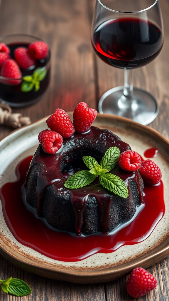 A beautifully plated dark chocolate lava cake with a raspberry topping and a glass of red wine.