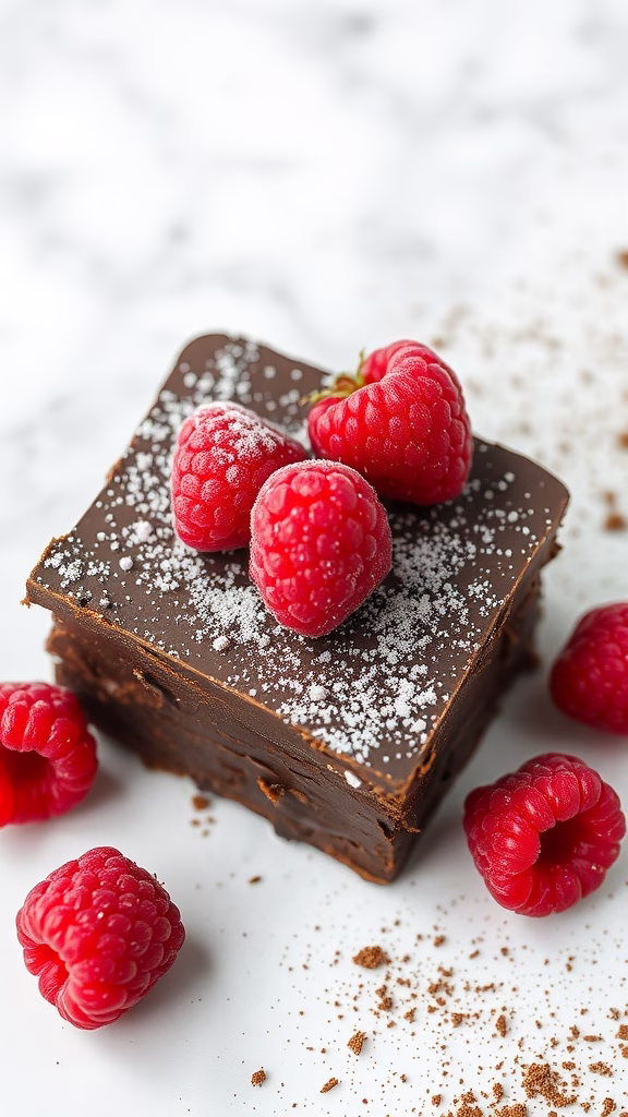 Dark chocolate raspberry fudge topped with fresh raspberries