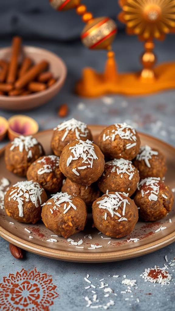 A plate of date and nut energy balls topped with shredded coconut, perfect for Maha Shivaratri.