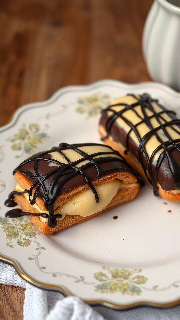 Decadent chocolate eclairs filled with cream on a decorative plate.