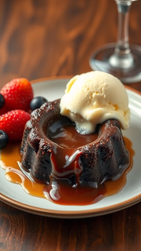 A delicious serving of chocolate fondant with ice cream and berries on a plate.