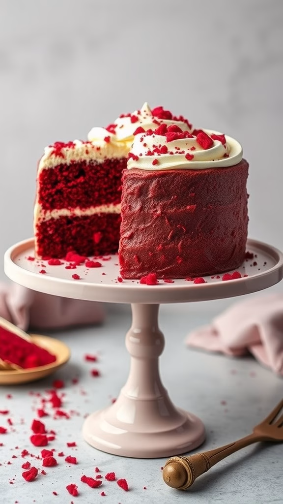 A beautifully decorated vegan red velvet cake with frosting and red sprinkles.