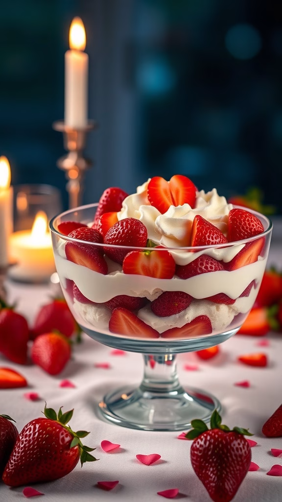 Decadent strawberry shortcake trifle with layers of strawberries and whipped cream