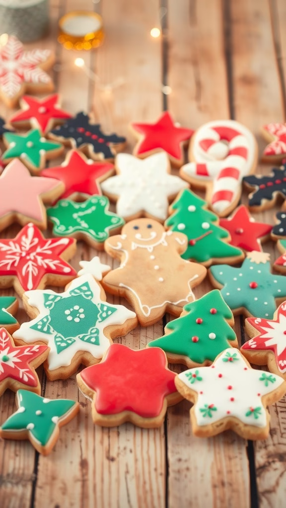 A colorful assortment of decorated sugar cookies in festive shapes and designs.