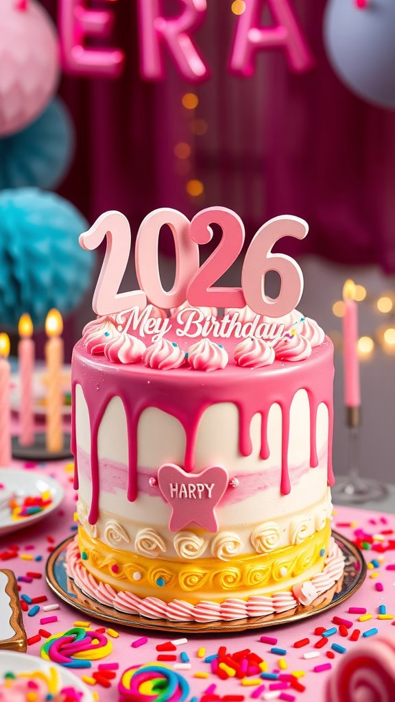 A colorful drip cake with pink ganache, topped with swirls of frosting and a 'Happy 64' cake topper, surrounded by candies and balloons.