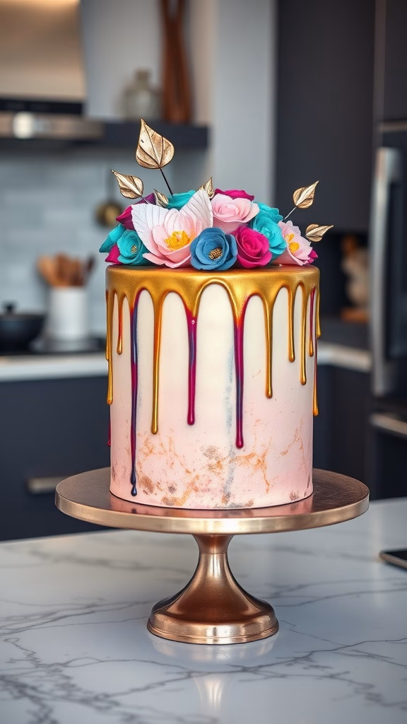 A beautifully decorated drip cake with metallic gold accents and colorful flowers on top.