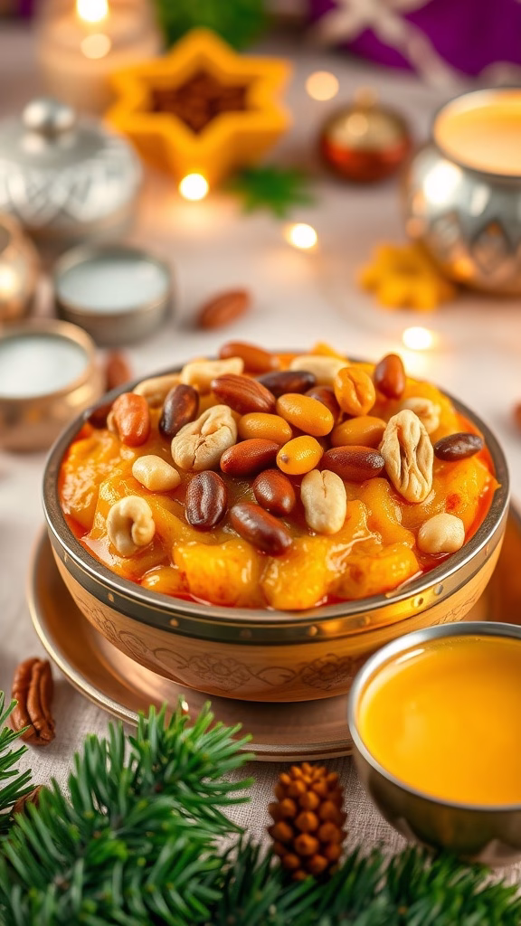 A bowl of dry fruit halwa garnished with a variety of nuts and served with a sweet drink