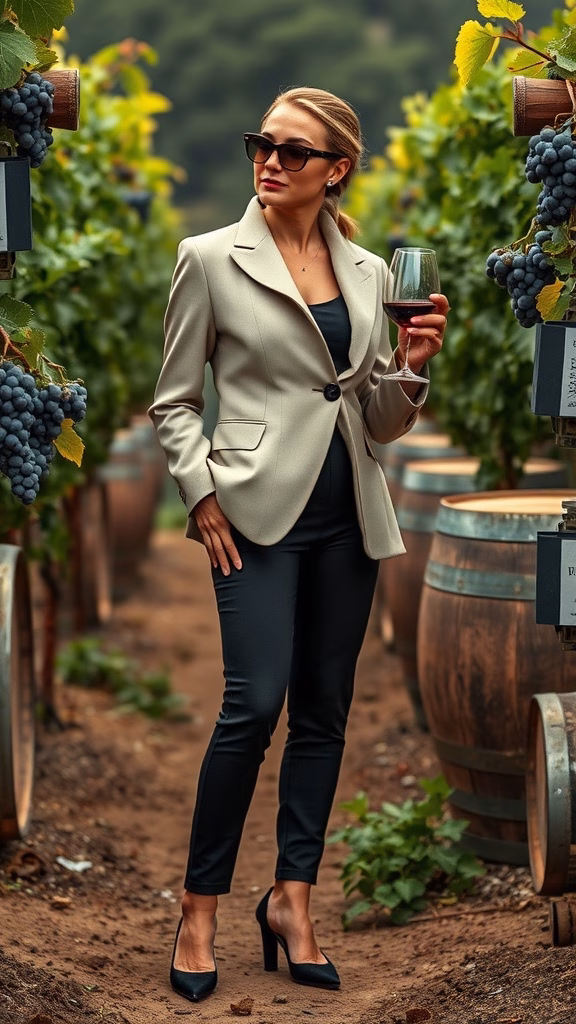A woman in a light blazer and black pants holding a glass of red wine in a vineyard setting