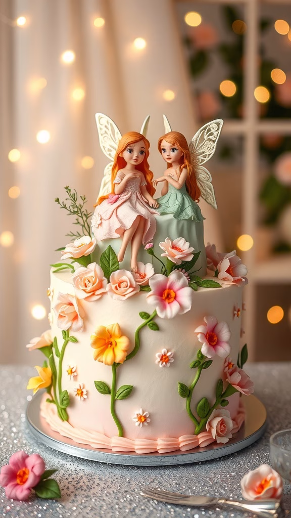 A beautifully decorated cake featuring two fairy figurines and floral designs, perfect for a birthday celebration.