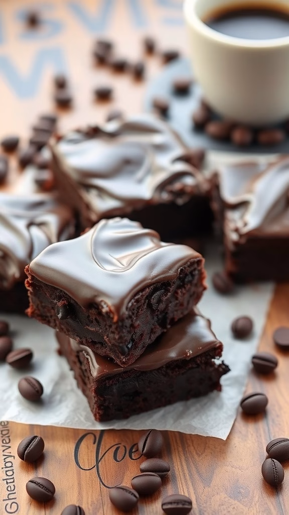 Delicious espresso infused mocha brownies on a wooden surface