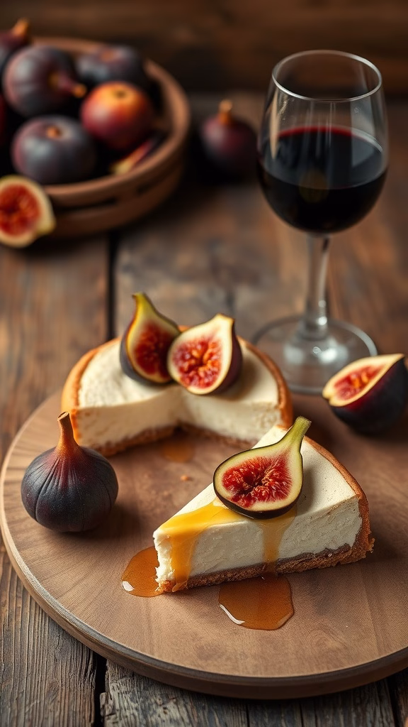 A slice of Fig and Honey Ricotta Cheesecake with fresh figs on top, drizzled with honey, served with a glass of red wine.