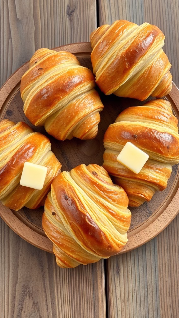 A plate of flaky croissants, showcasing their golden layers.