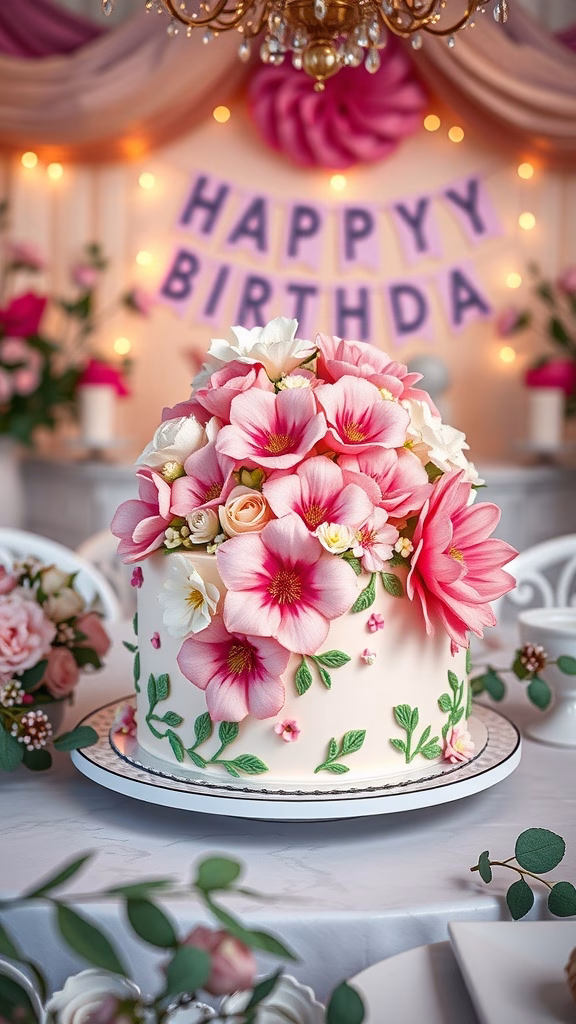 A beautifully decorated Floral Fantasy Cake surrounded by flowers and a birthday banner.