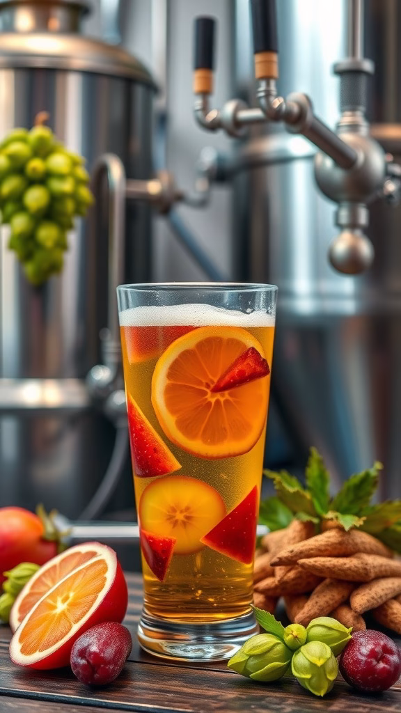 A refreshing glass of fruit beer with slices of orange and strawberries, surrounded by fresh fruits and brewing equipment.