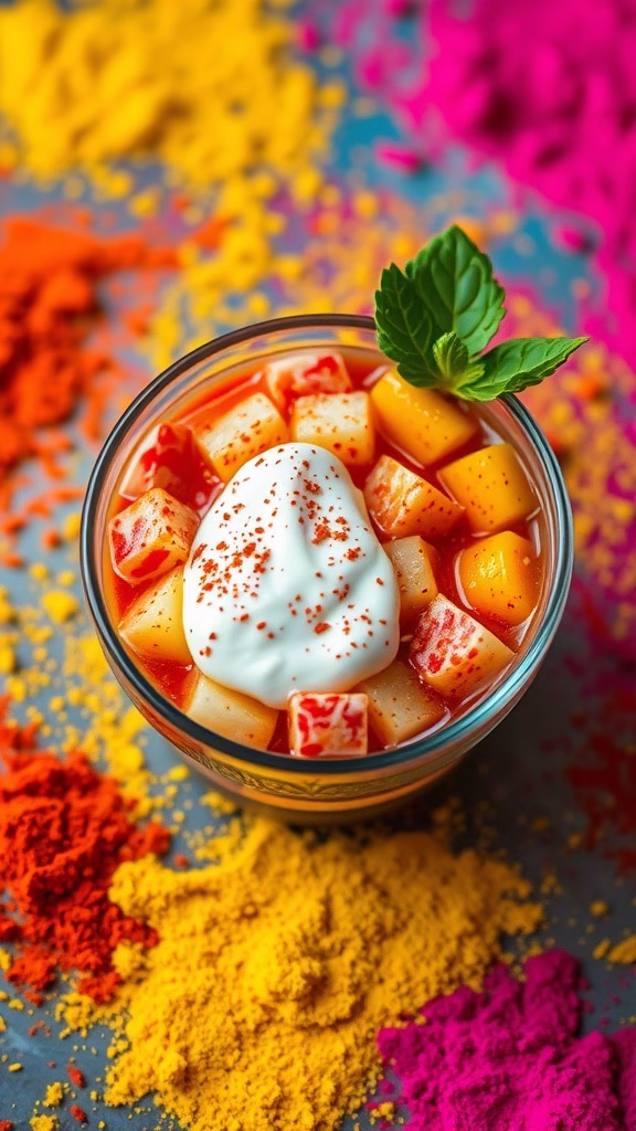 A bowl of colorful fruit chaat topped with spiced yogurt and garnished with mint, surrounded by vibrant Holi colors.