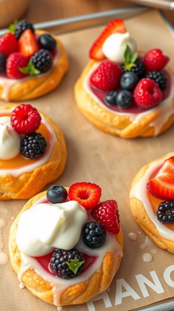 Delicious fruity Danish pastries topped with fresh berries and cream