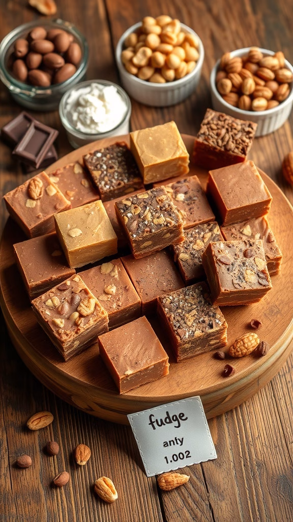 A variety of fudge squares displayed on a wooden platter with nuts and chocolate in the background.