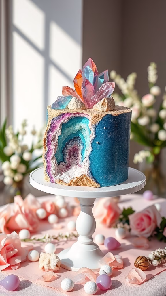 A stunning geode cake with colorful crystals on top, set against a soft pink tablecloth with flowers and decorative elements.