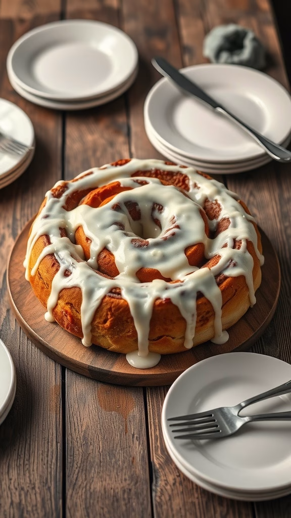 Delicious giant cinnamon roll bake drizzled with cream cheese frosting on a wooden table.