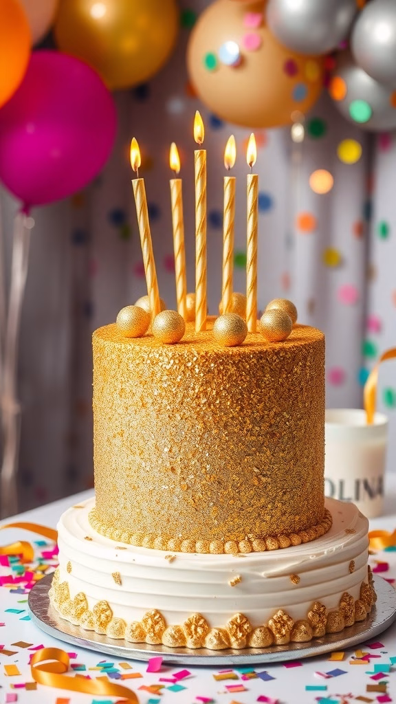 A glittery gold celebration cake with candles and balloons in the background, perfect for a birthday party.