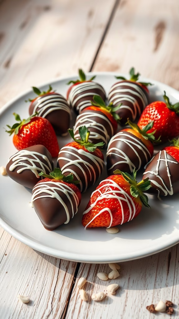 Plate of gourmet chocolate-covered strawberries drizzled with white chocolate.