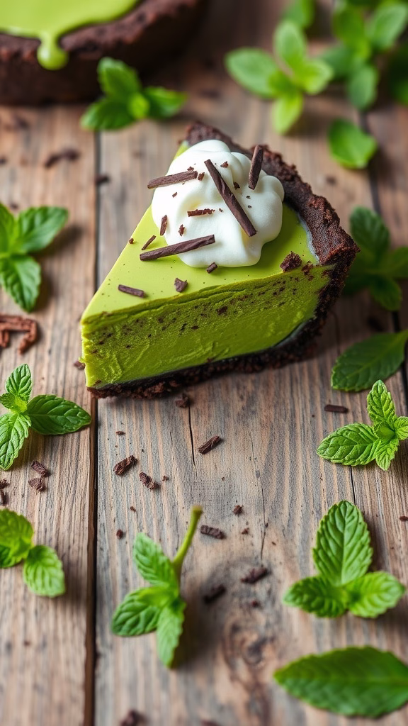 A slice of vibrant green Grasshopper Pie with a chocolate crust and topped with whipped cream and chocolate shavings.