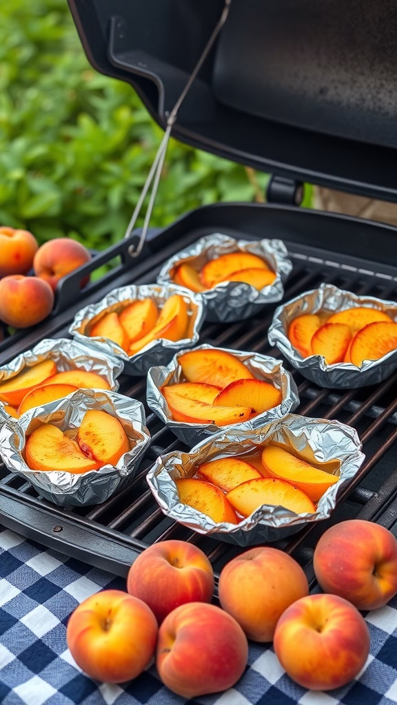 Grilled peach cobbler foil packets with fresh peaches on a grill.