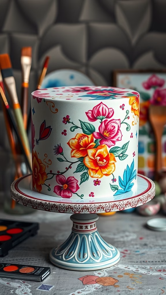 A beautifully hand-painted cake featuring vibrant floral designs on a decorative cake stand, surrounded by painting supplies.