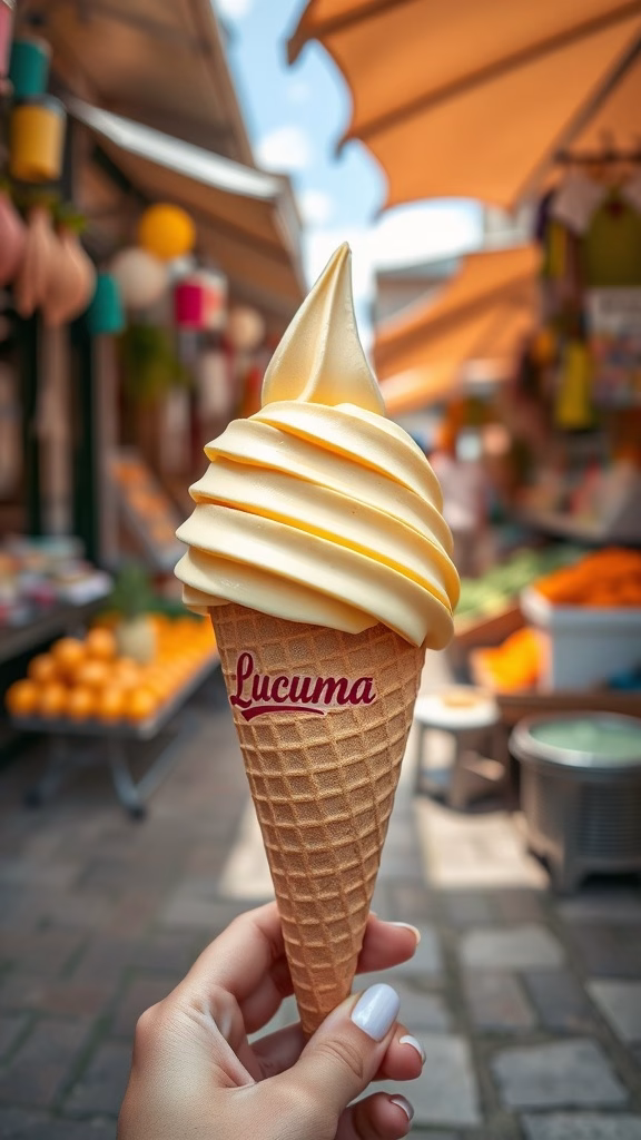 Delicious lucuma ice cream in a cone, showcasing a creamy texture and beautiful color.