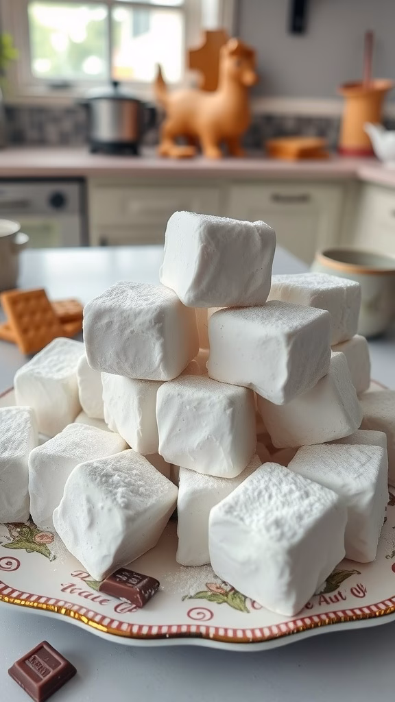 A stack of fluffy homemade marshmallows on a decorative plate.