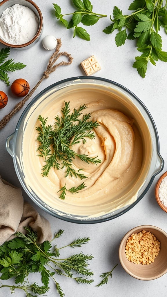 A bowl of creamy batter with fresh herbs, surrounded by baking ingredients.