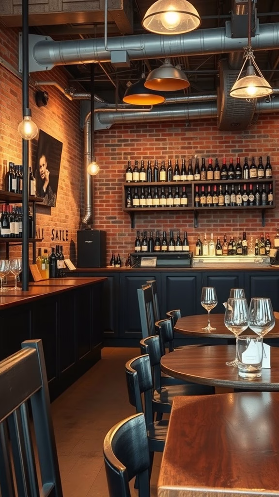 Interior of an industrial chic wine bar with exposed brick walls, dark wood furniture, and soft lighting.