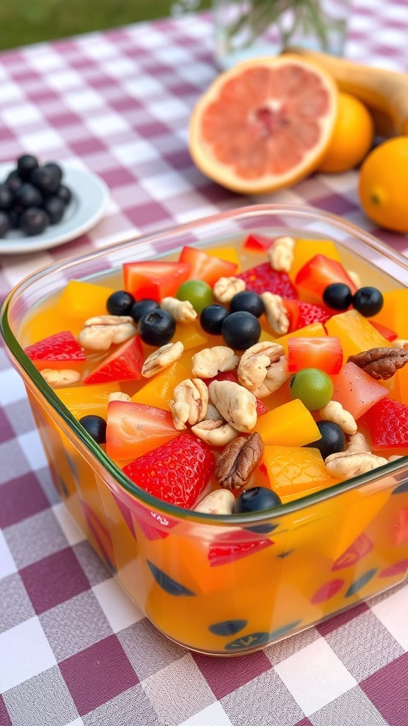 A colorful Jell-O salad with fruits and nuts in a glass dish
