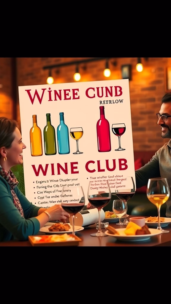 A cheerful couple enjoying wine together at a elegantly set table with fruits and a selection of wines in the background.