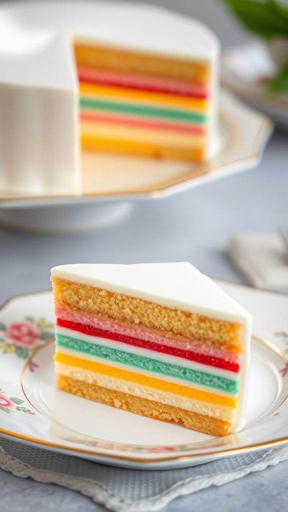 A slice of colorful Kue Lapis layered cake on a decorative plate