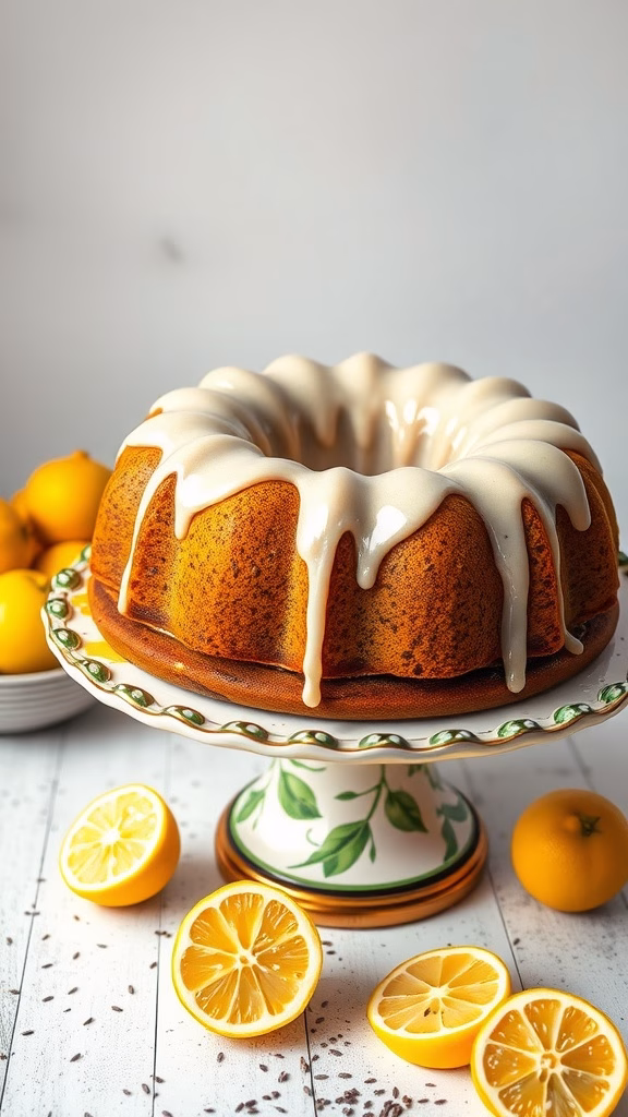 A golden lemon poppy seed bundt cake drizzled with a white glaze, surrounded by fresh lemons.