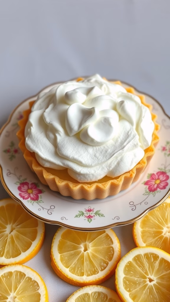 A lemon tart topped with silky meringue, garnished with lemon slices.