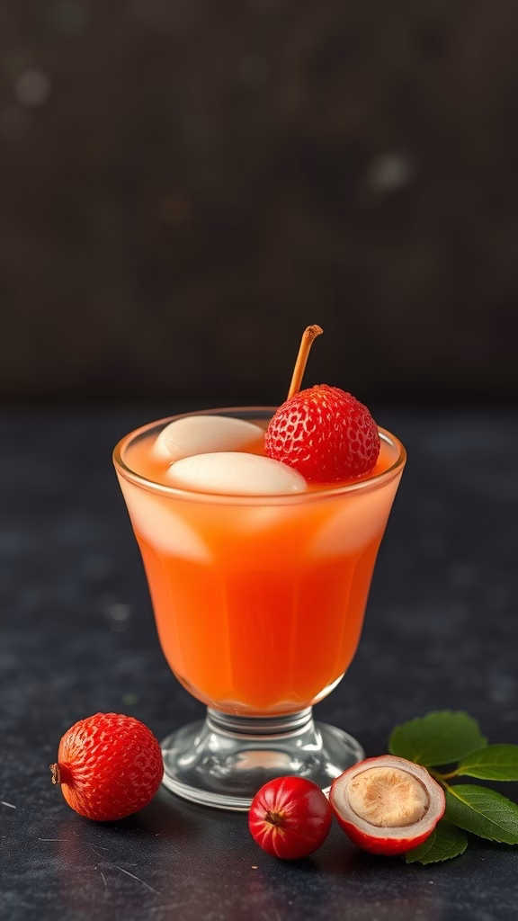 A glass of longan jelly topped with lychee and garnished with mint leaves.