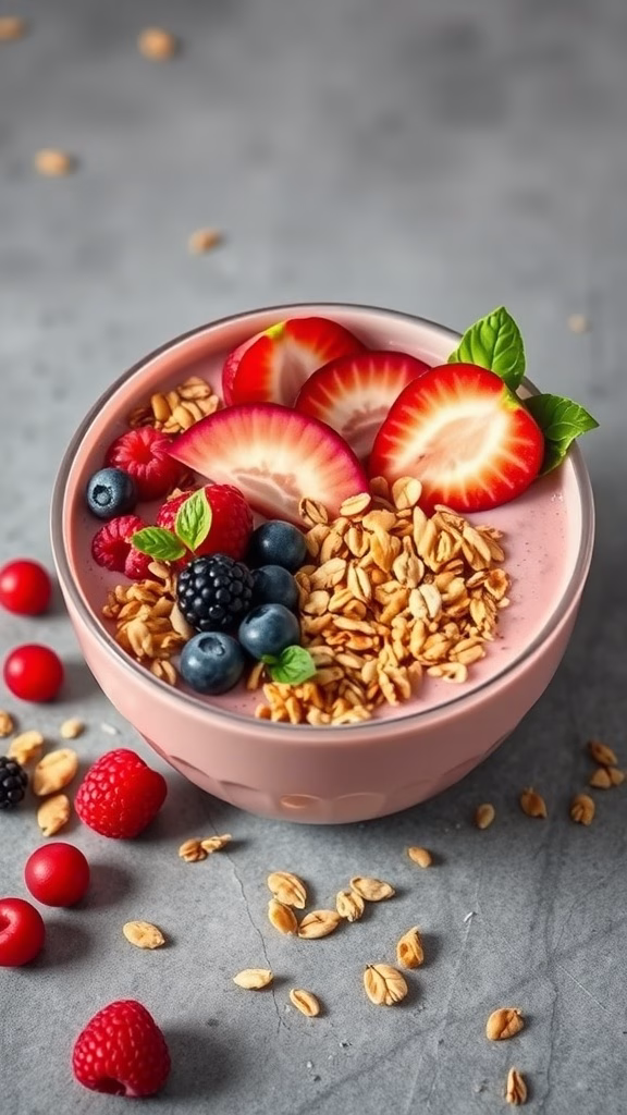 A delicious and colorful longan smoothie bowl topped with berries and granola.