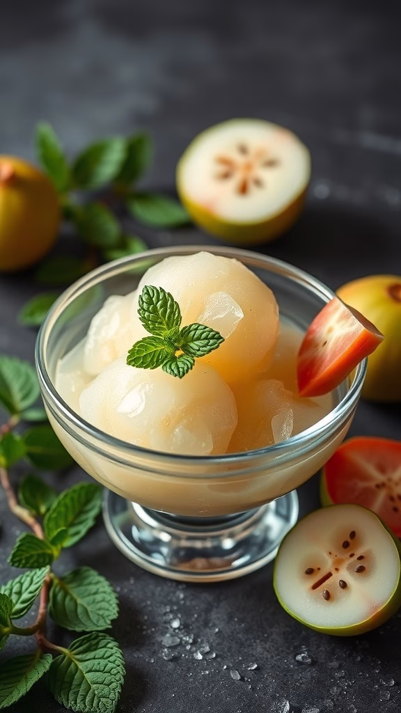 A bowl of longan sorbet garnished with mint leaves.