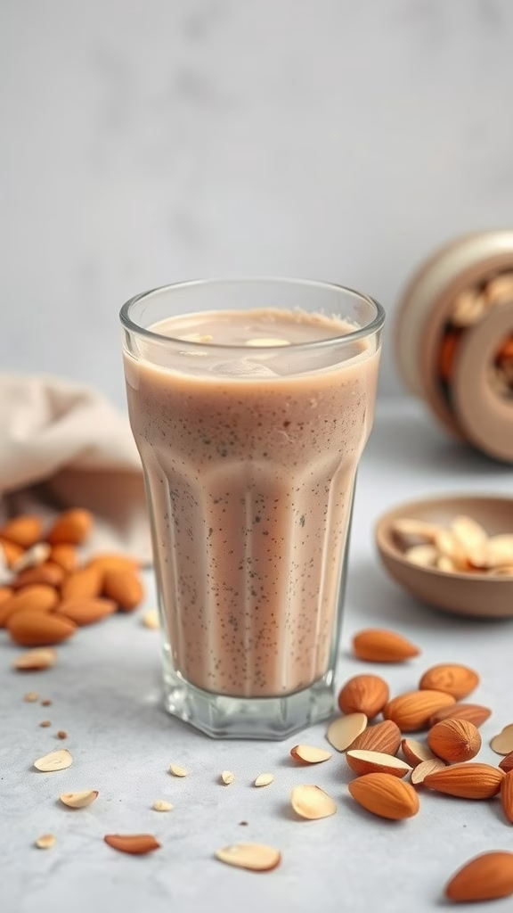 A refreshing lotus seed and almond smoothie served in a tall glass with almonds scattered around.