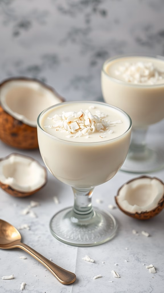 A creamy lotus seed and coconut milk pudding garnished with coconut flakes.