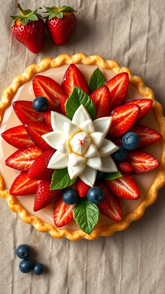 A delicious lotus seed fruit tart topped with strawberries and blueberries.