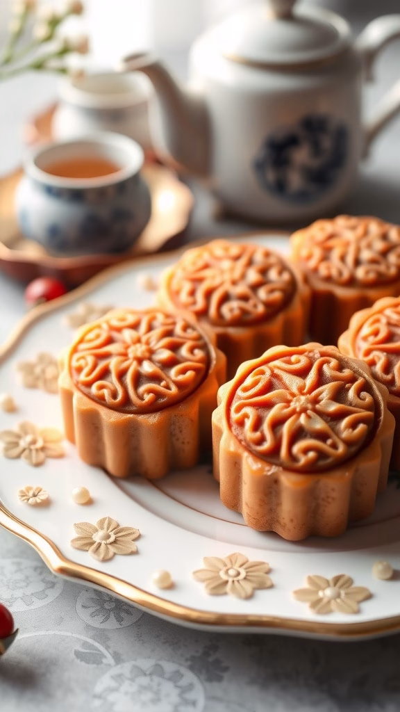 Traditional lotus seed mooncakes on a decorative plate