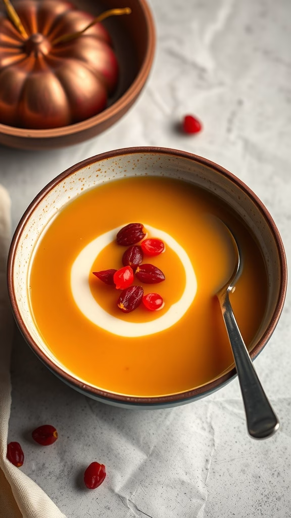 A bowl of lotus seed sweet soup garnished with goji berries, showcasing a creamy texture and vibrant color.