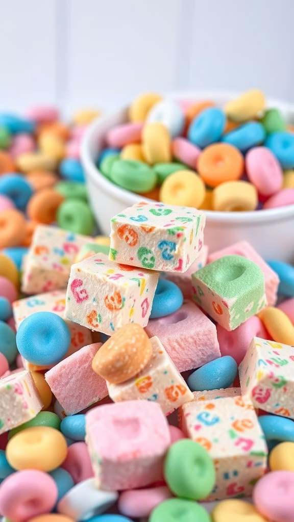 Colorful Lucky Charm Marshmallow Treats stacked with sprinkles