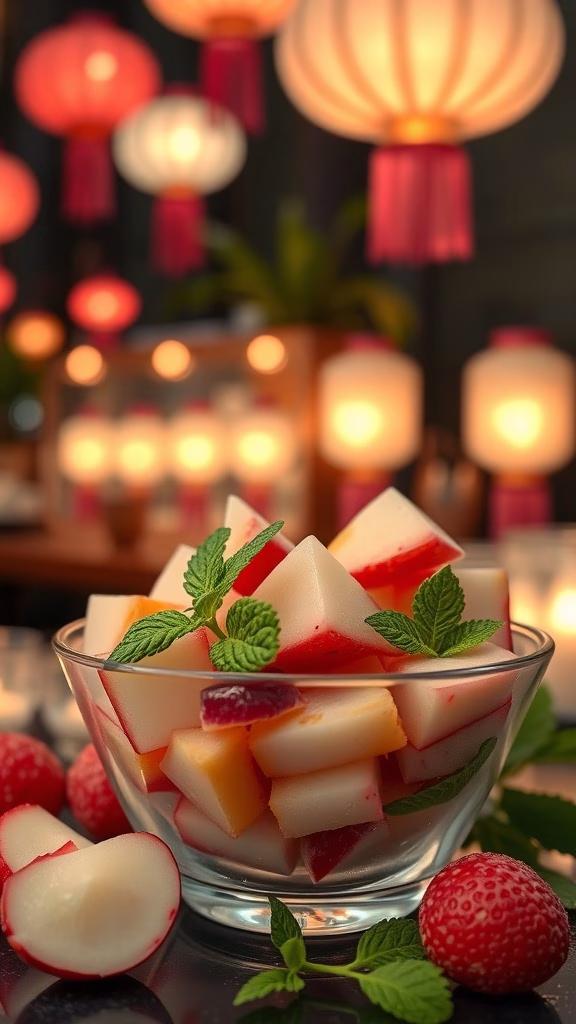 A bowl of lychee and longan fruit salad garnished with mint leaves.