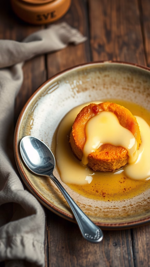 A warm serving of malva pudding topped with custard, presented on a rustic plate.