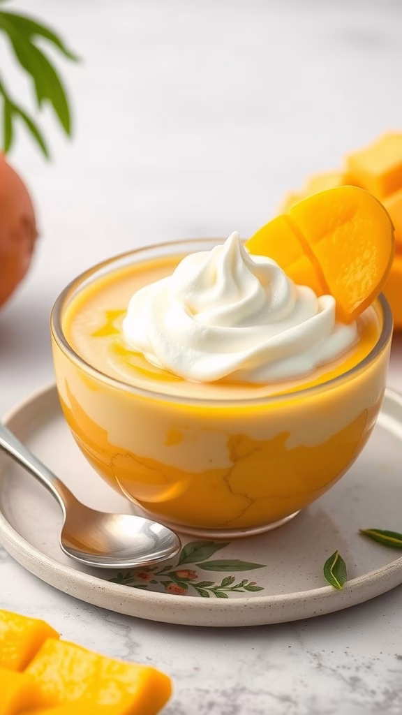 A bowl of mango pudding topped with whipped cream and mango slices.