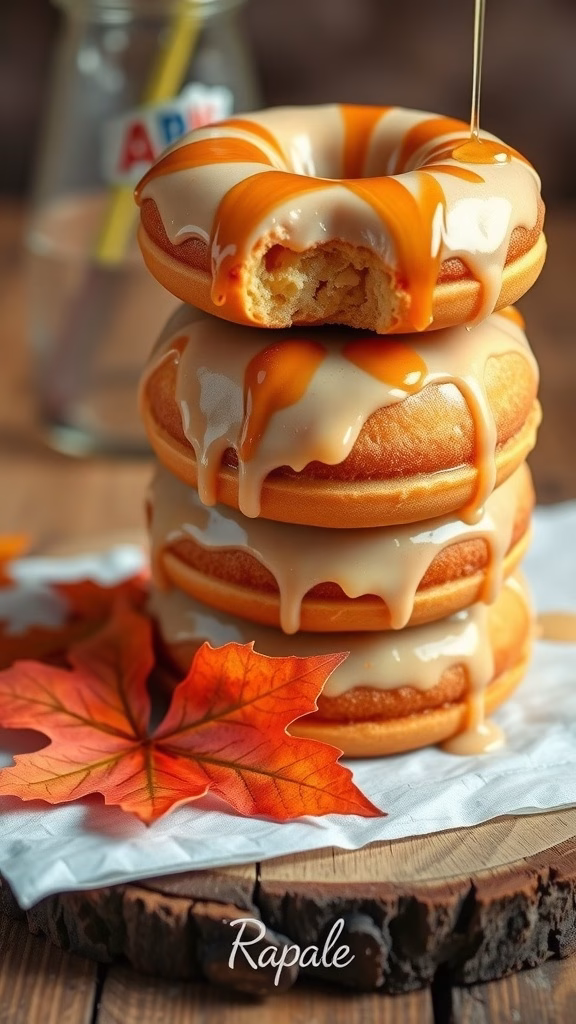 A stack of maple glazed donuts drizzled with maple syrup, showcasing a warm, inviting dessert.